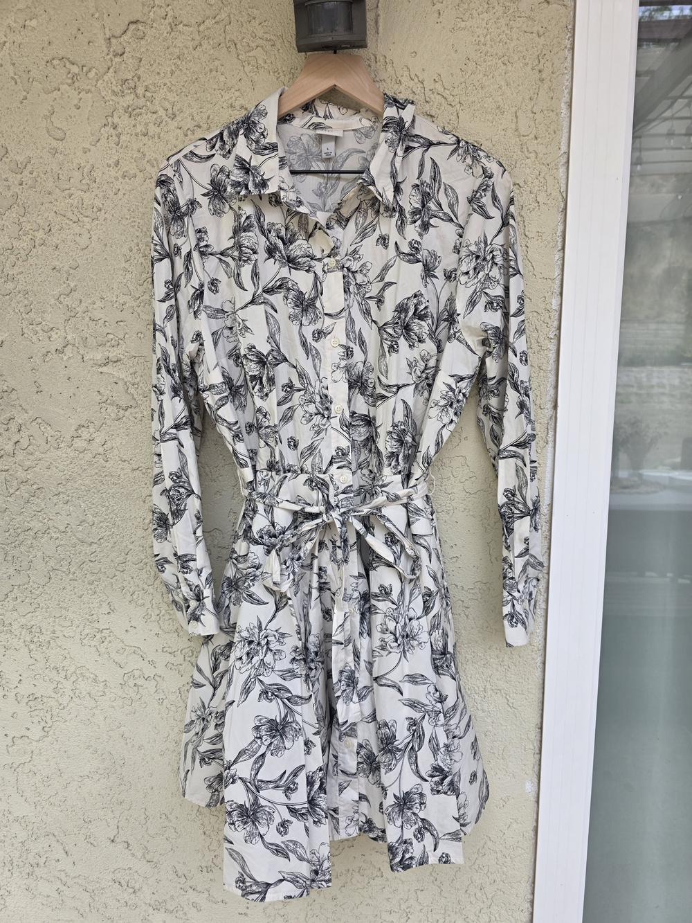a new day Cream and Black Floral Long-Sleeve Shirt Dress with Tie Waist